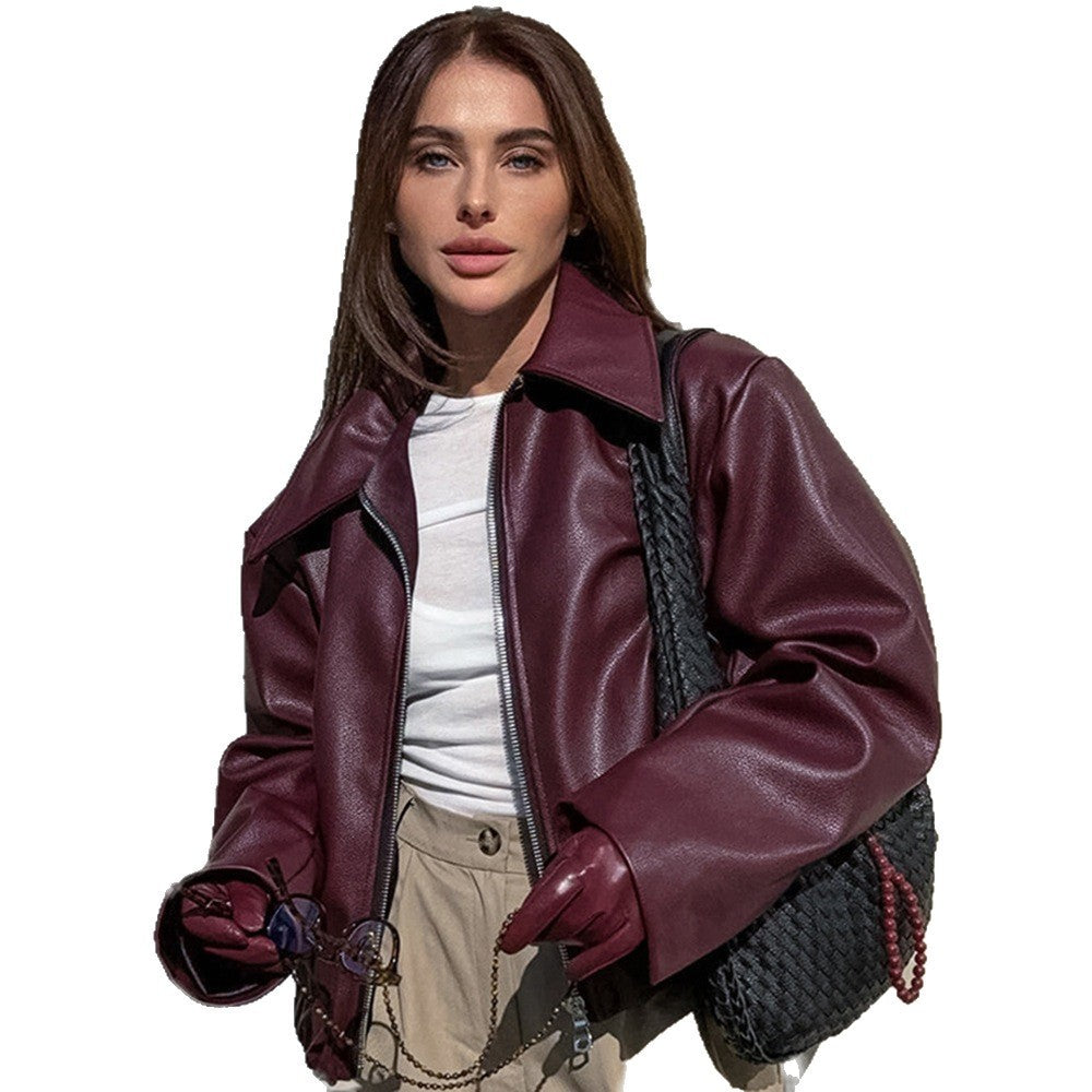 Oversized Faux Leather Point Collar Zip Jacket
