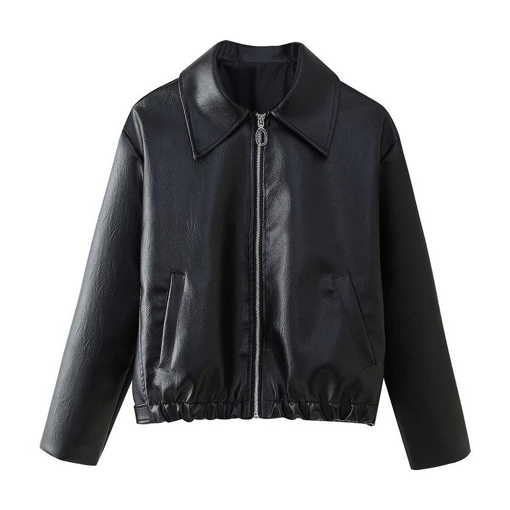 Oversized Faux Leather Point Collar Zip Jacket