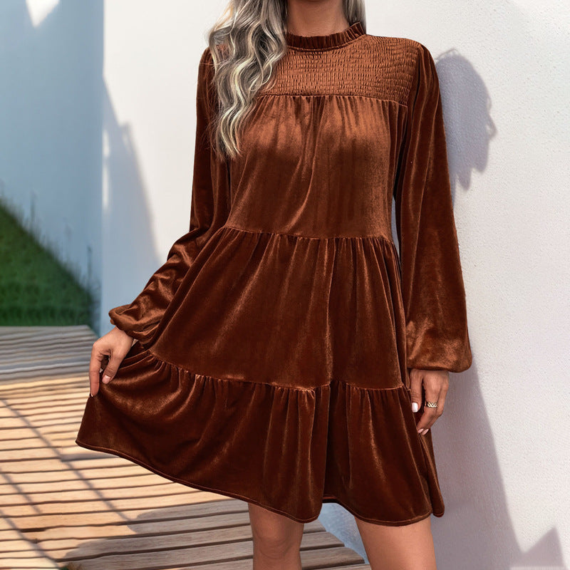 Smocked Yoke Tiered Velvet Mini Dress - Caramel