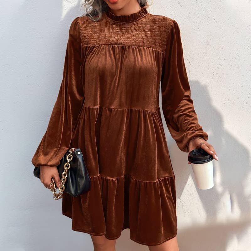 Smocked Yoke Tiered Velvet Mini Dress