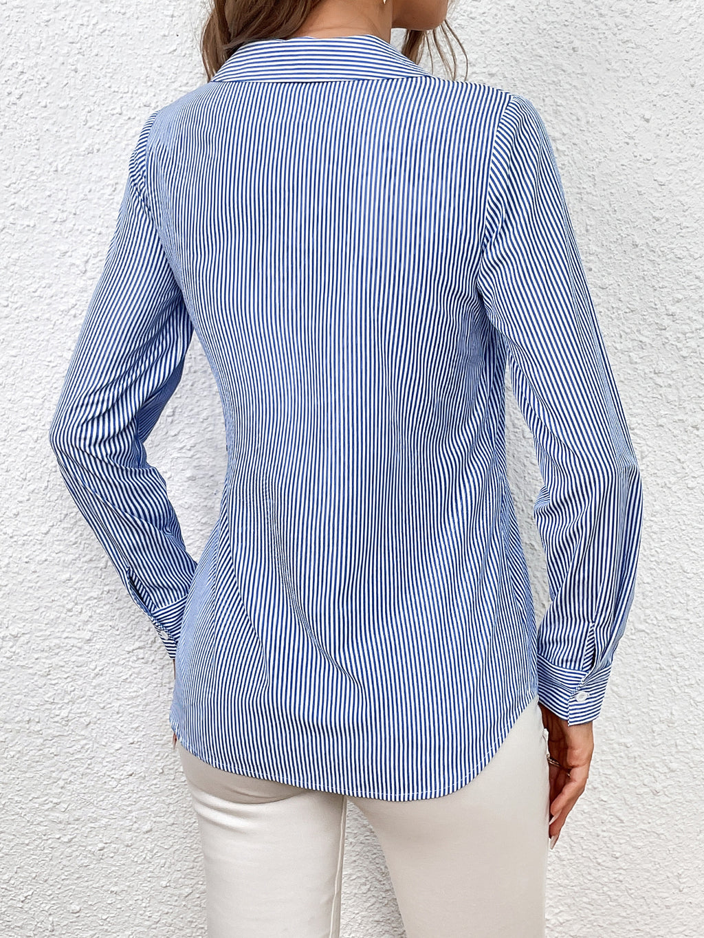Pinstripe Wrap Blouse With Side Bow Tie - Blue - 2