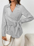 Pinstripe Wrap Blouse With Side Bow Tie - Grey