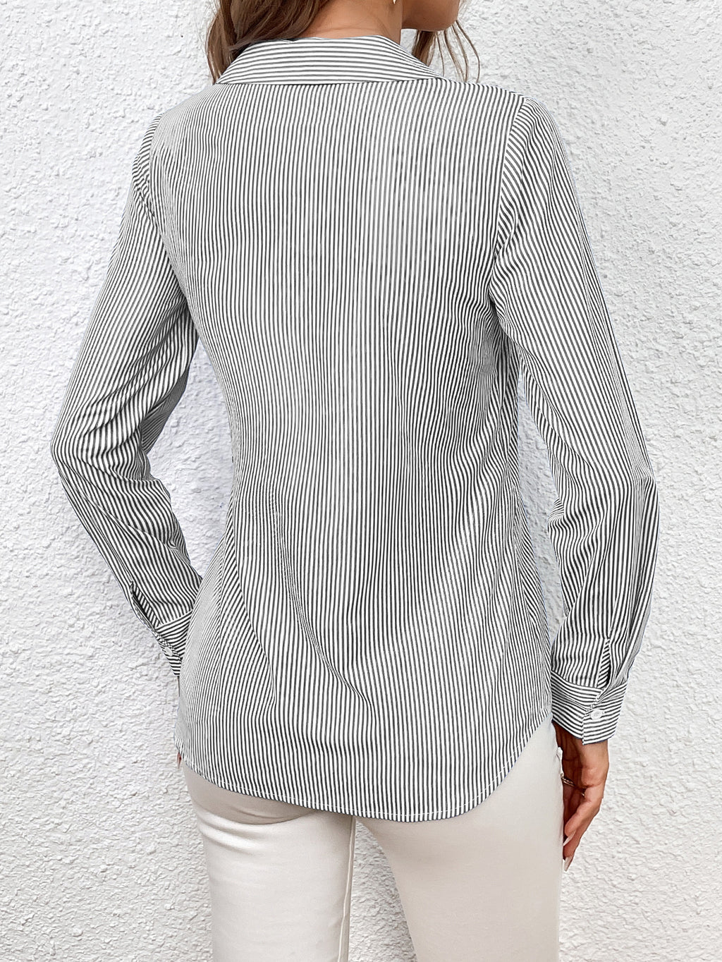 Pinstripe Wrap Blouse With Side Bow Tie - Grey - 1