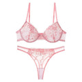 Pink Floral Embroidered Mesh Underwire Bra Set - Pink