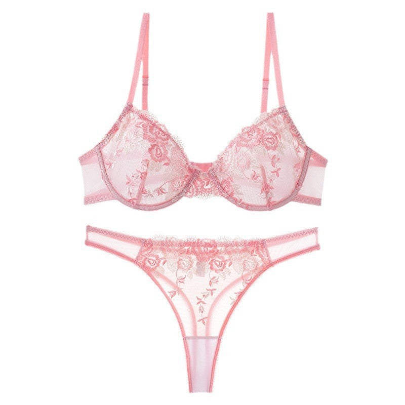 Pink Floral Embroidered Mesh Underwire Bra Set