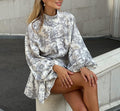 Toile Print Puff Sleeve Ruffled Mini Dress - Grey