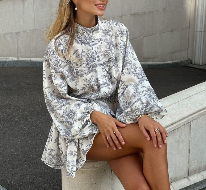 Toile Print Puff Sleeve Ruffled Mini Dress - Grey