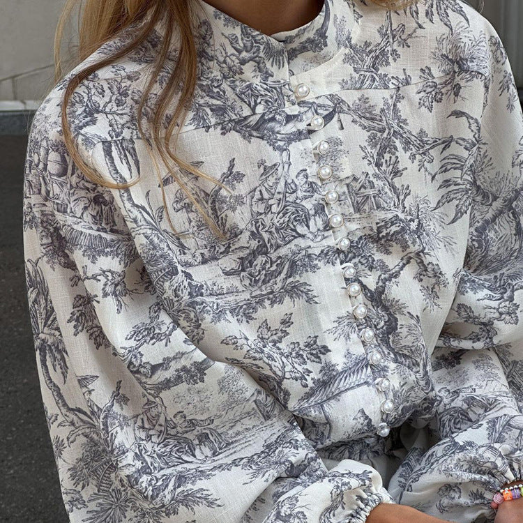 Toile Print Puff Sleeve Ruffled Mini Dress - Grey - 2