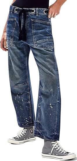 Distressed Paint Splatter Drawstring Waist Jeans - Dark-Blue