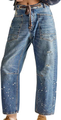 Distressed Paint Splatter Drawstring Waist Jeans - Light-Blue