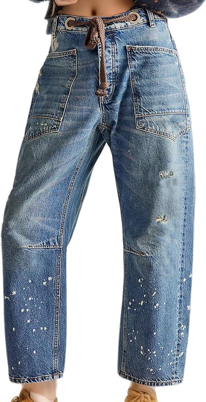 Distressed Paint Splatter Drawstring Waist Jeans - Light-Blue