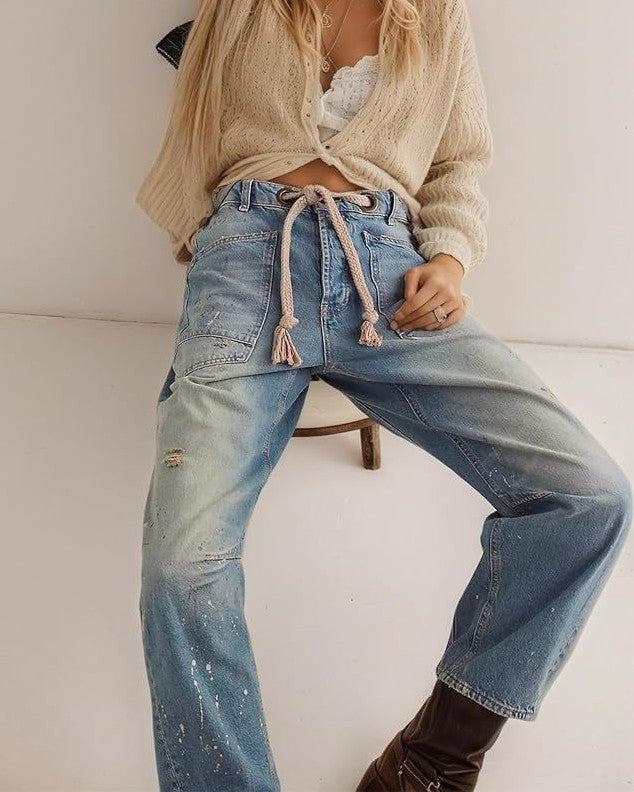 Distressed Paint Splatter Drawstring Waist Jeans - Retro-Blue