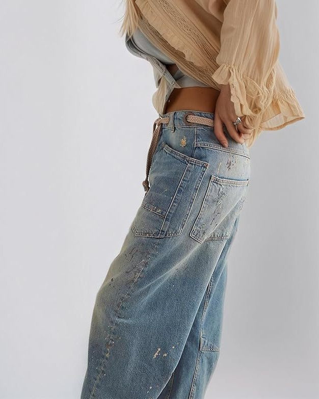 Distressed Paint Splatter Drawstring Waist Jeans - Retro-Blue - 1