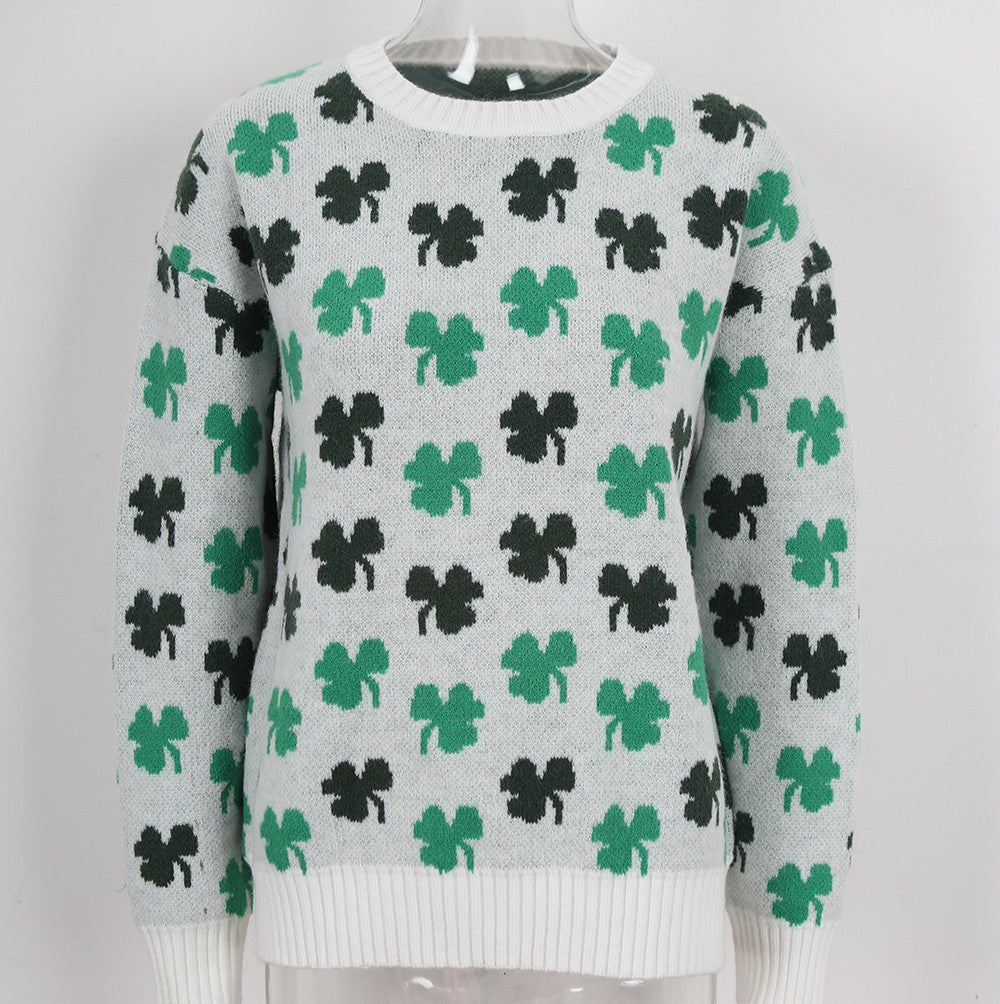Clover Jacquard Crew Neck Knit Sweater - White