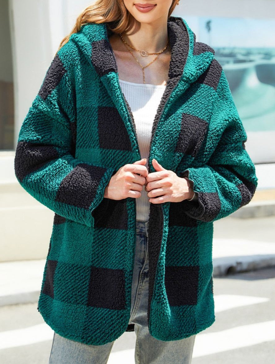 Hooded Buffalo Plaid Sherpa Open Front Cardigan - Green