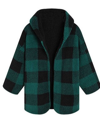 Hooded Buffalo Plaid Sherpa Open Front Cardigan - Green - 1