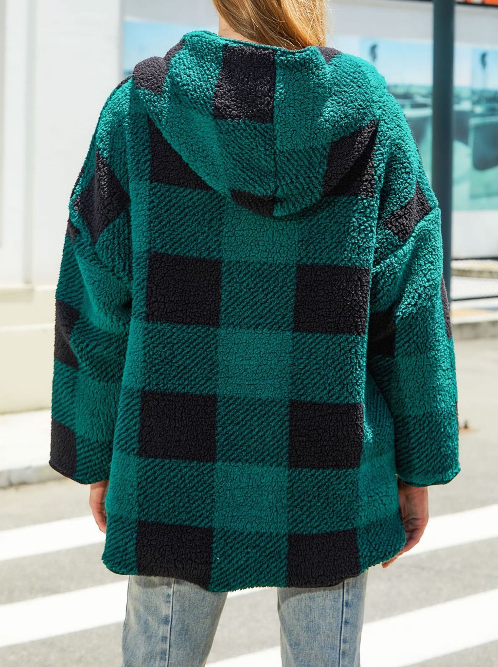 Hooded Buffalo Plaid Sherpa Open Front Cardigan - Green - 3
