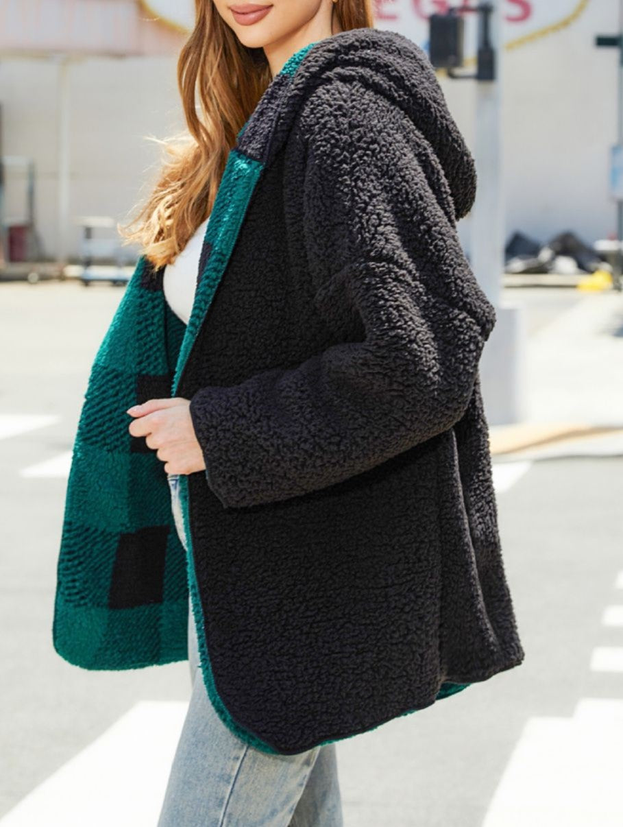 Hooded Buffalo Plaid Sherpa Open Front Cardigan - Green - 4