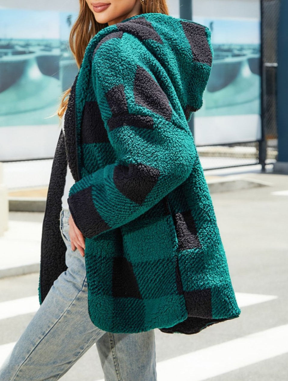 Hooded Buffalo Plaid Sherpa Open Front Cardigan - Green - 5