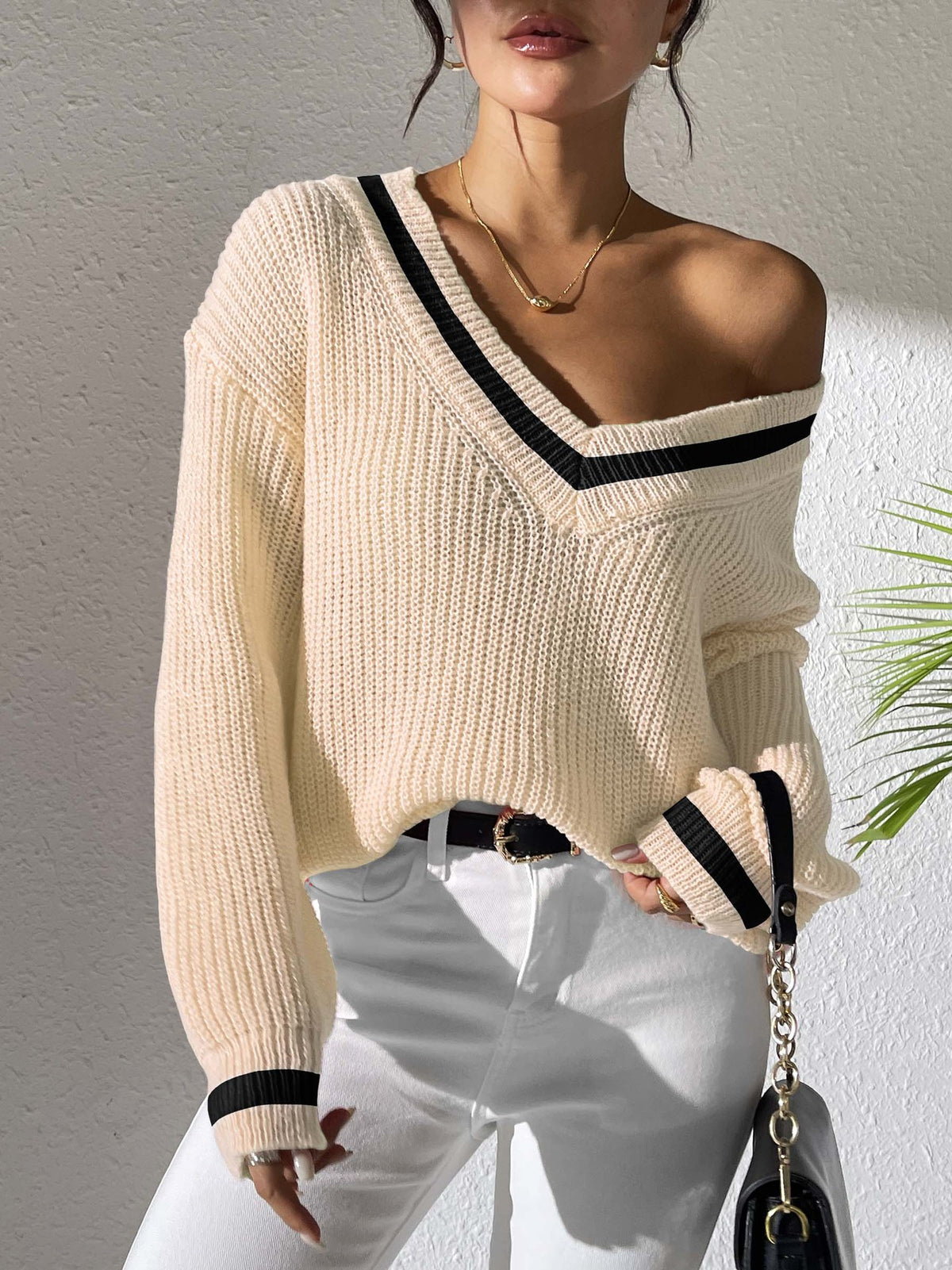 Varsity Tipped Deep V Neck Rib Sweater - Beige