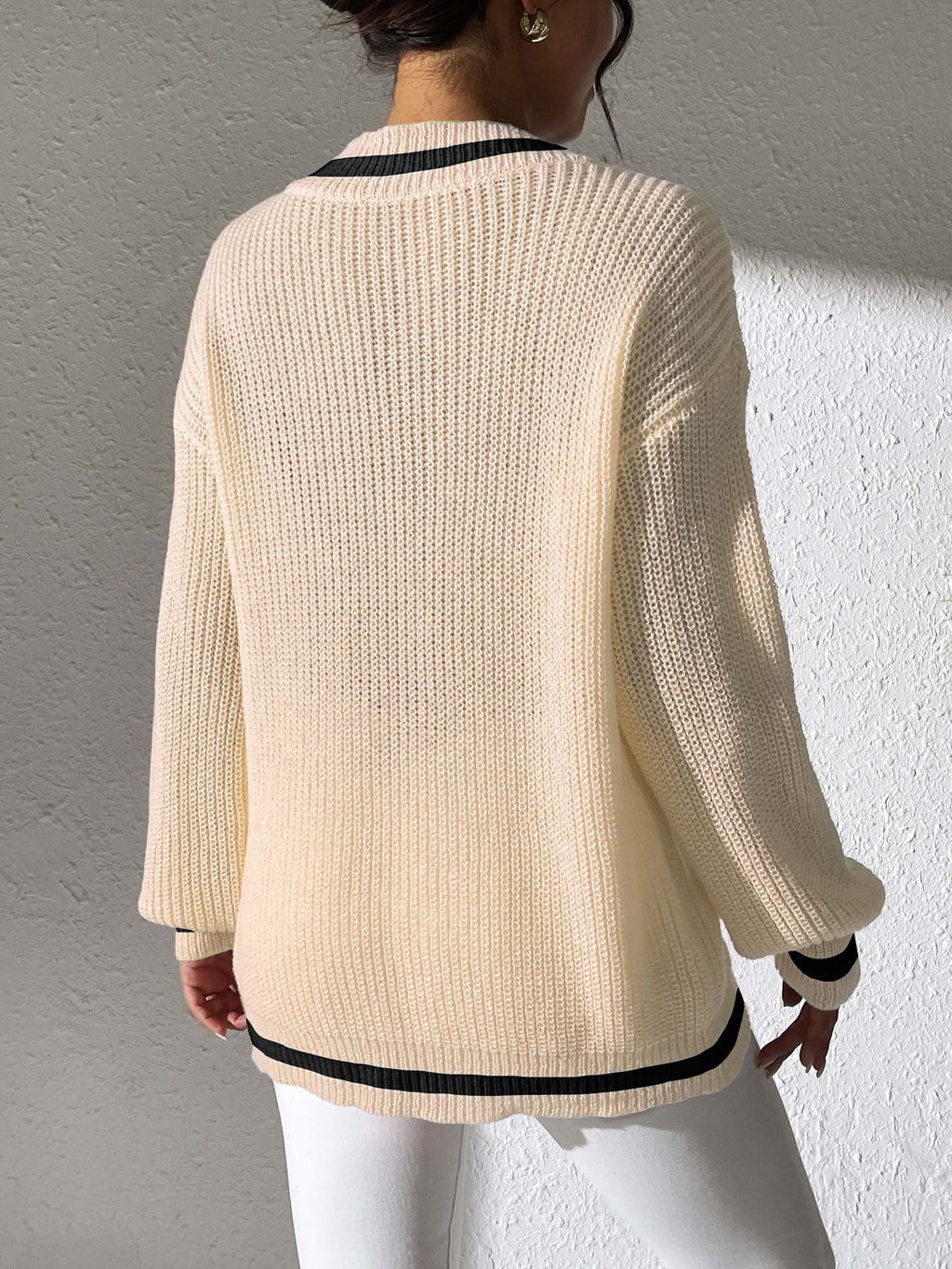 Varsity Tipped Deep V Neck Rib Sweater - Beige - 2