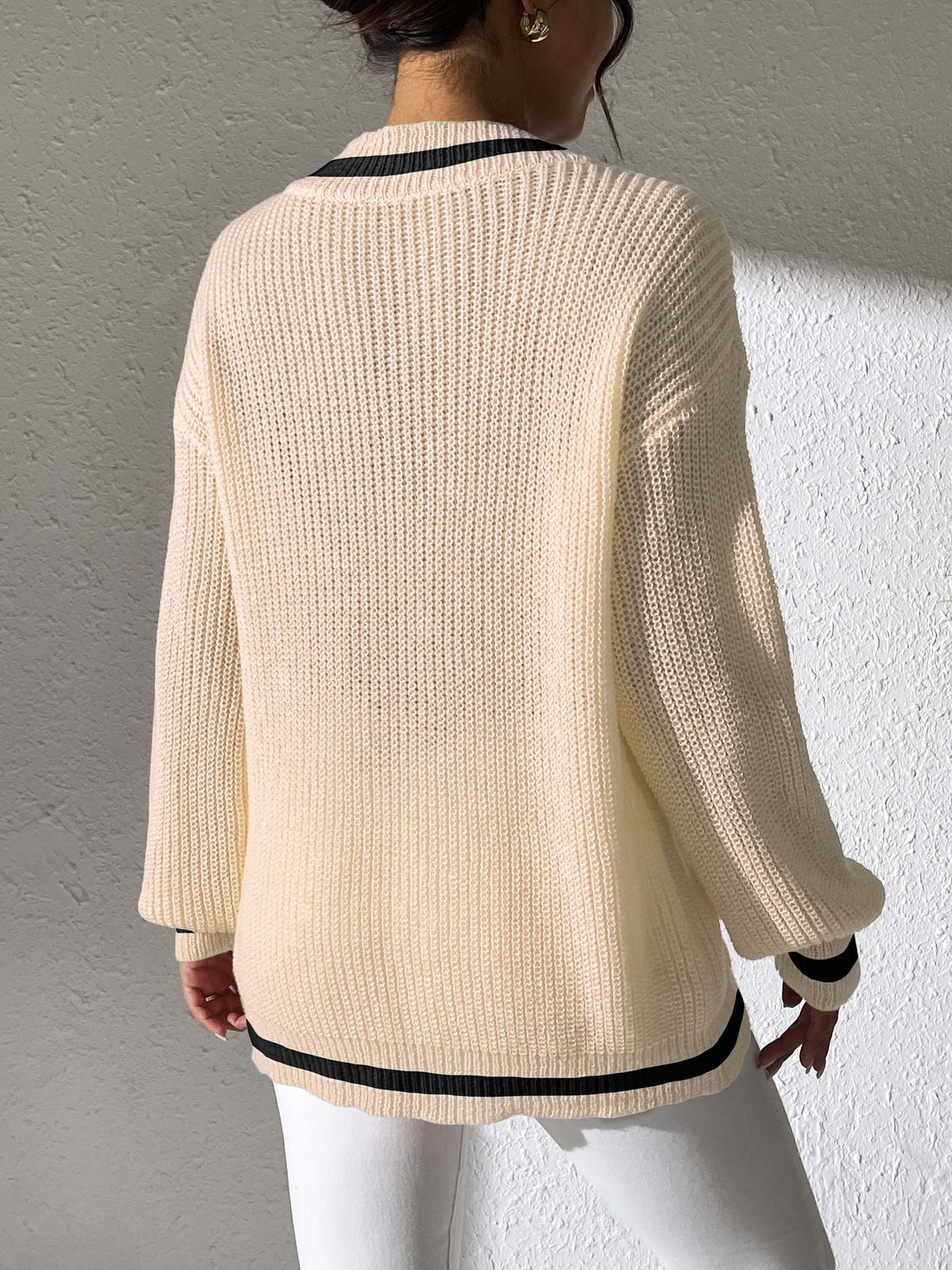 Varsity Tipped Deep V Neck Rib Sweater - Beige - 2