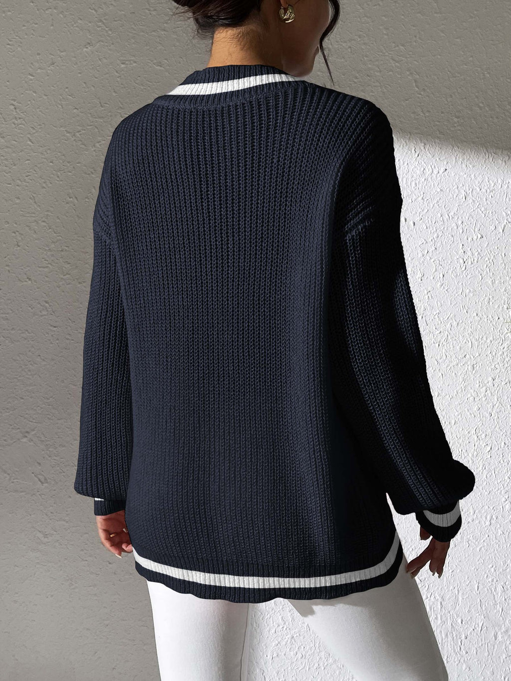 Varsity Tipped Deep V Neck Rib Sweater - Navy - 3