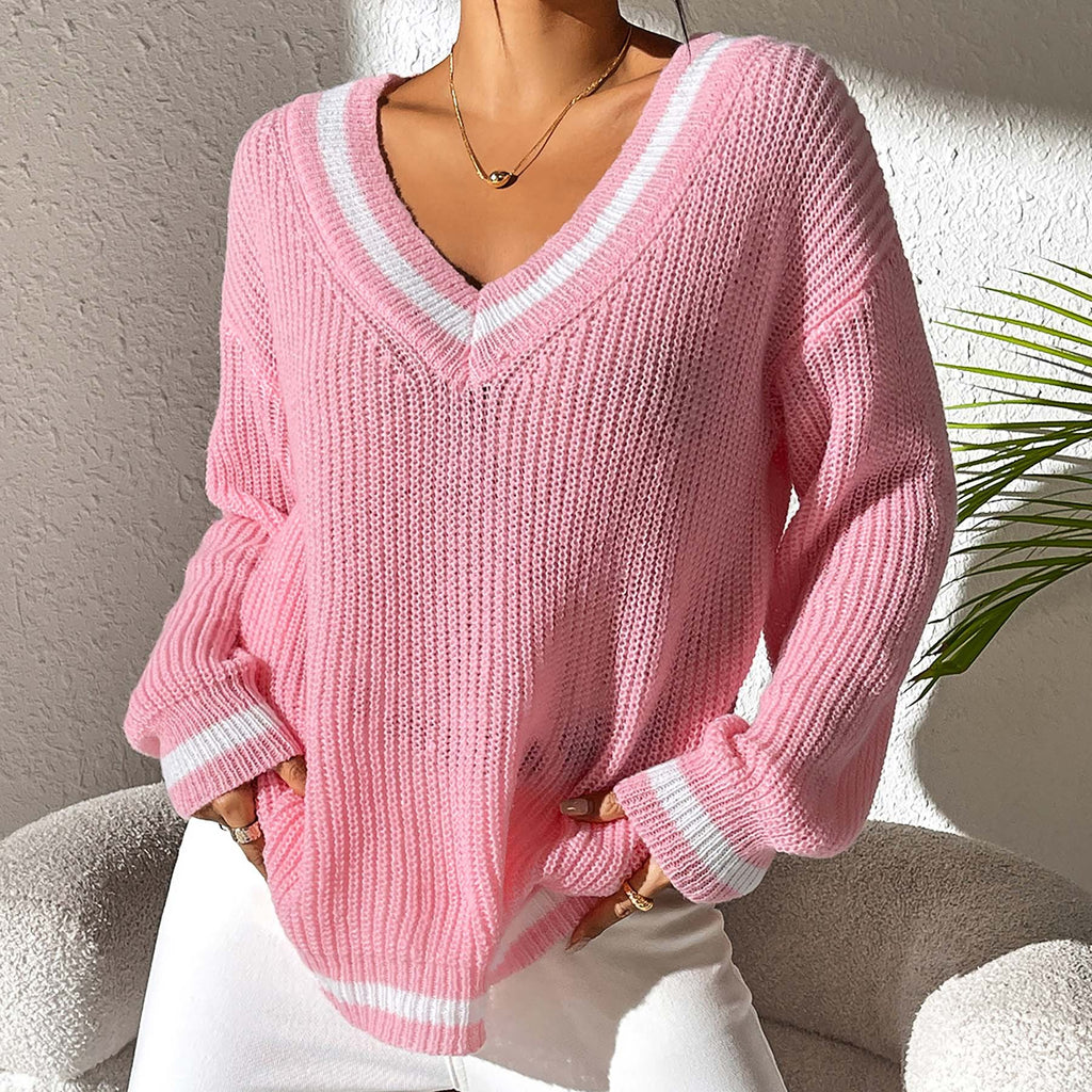 Varsity Tipped Deep V Neck Rib Sweater - Pink