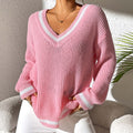 Varsity Tipped Deep V Neck Rib Sweater - Pink