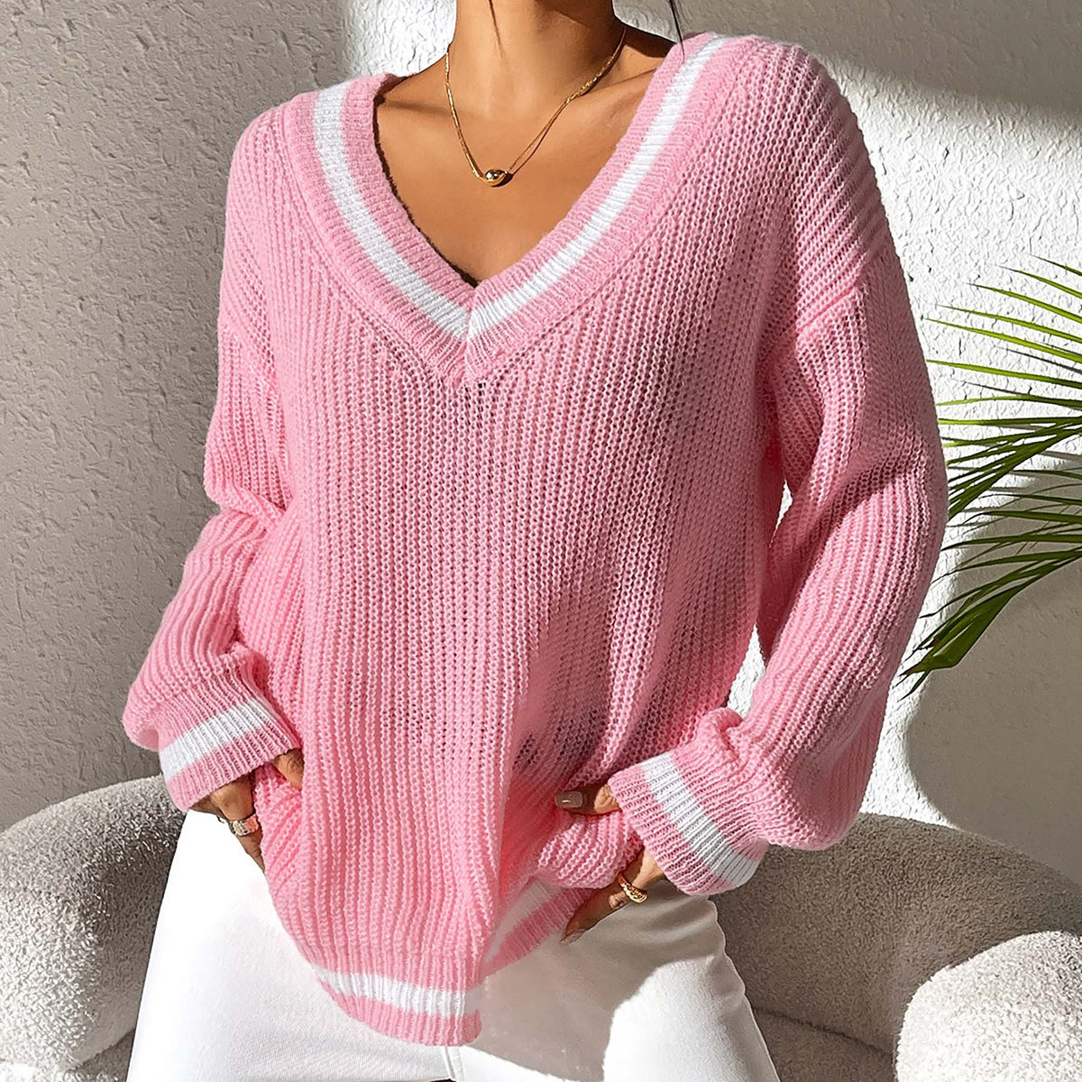 Varsity Tipped Deep V Neck Rib Sweater - Pink