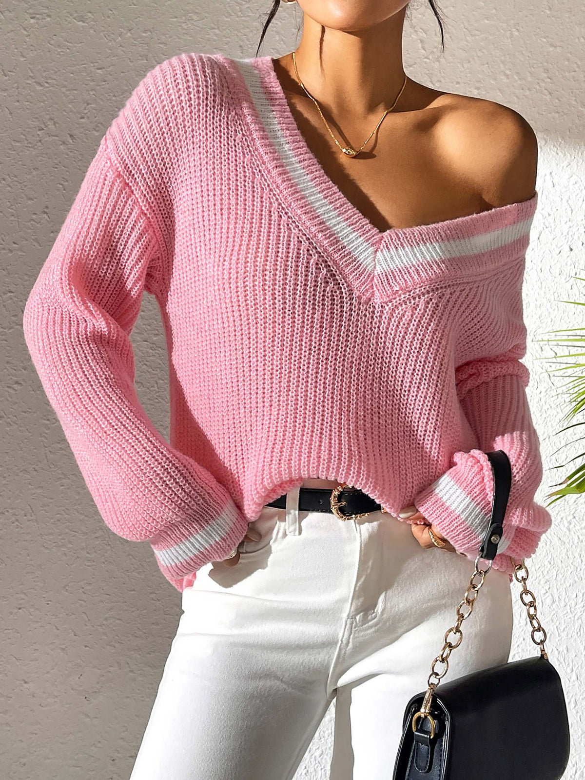 Varsity Tipped Deep V Neck Rib Sweater - Pink - 1
