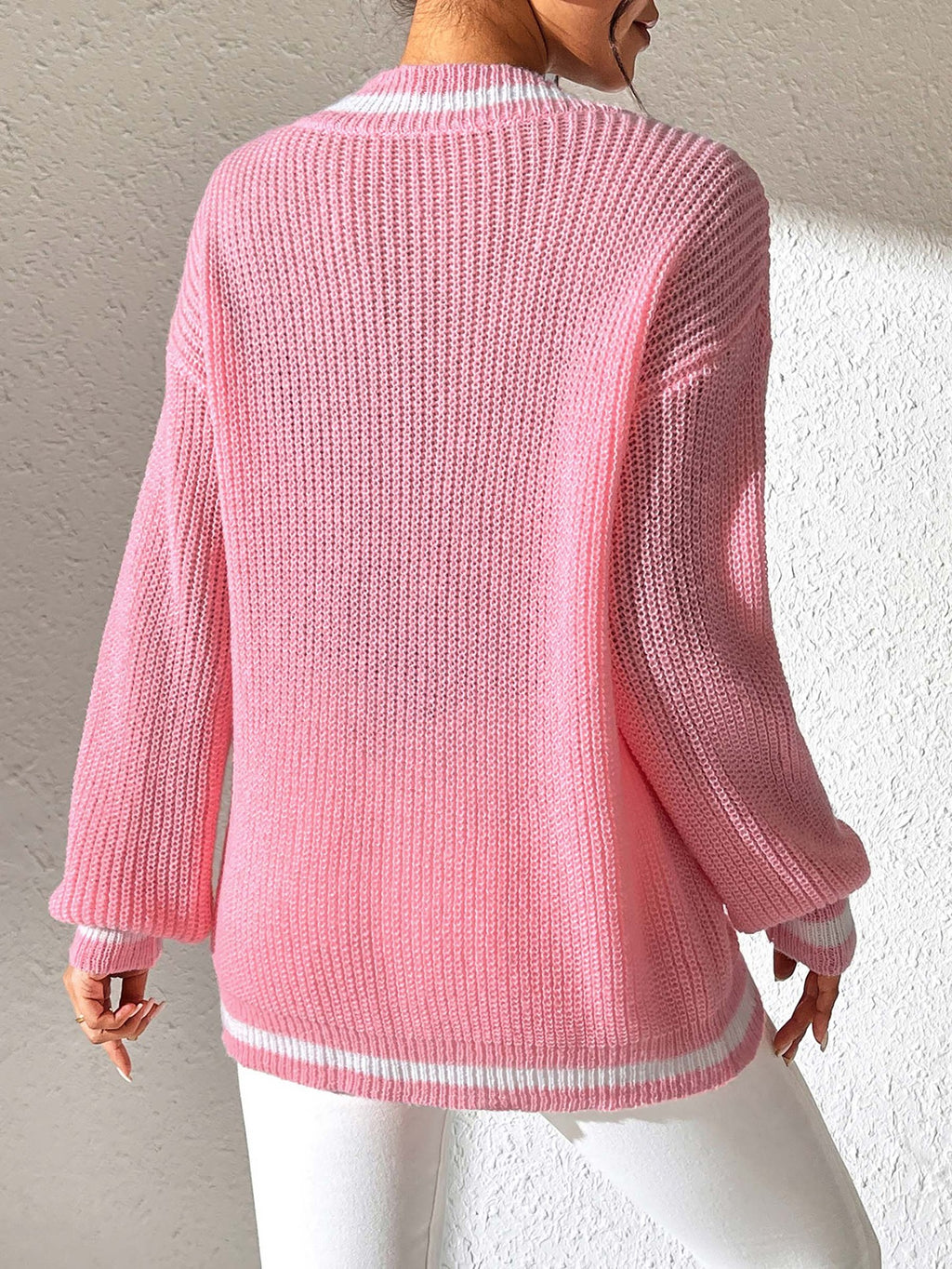 Varsity Tipped Deep V Neck Rib Sweater - Pink - 6
