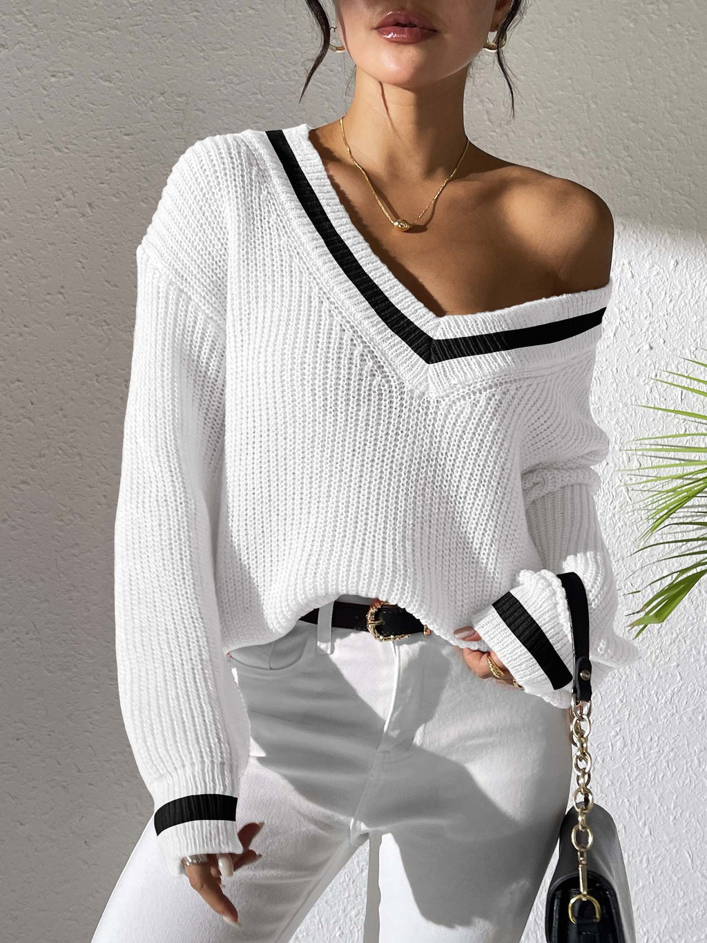 Varsity Tipped Deep V Neck Rib Sweater - White