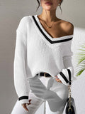 Varsity Tipped Deep V Neck Rib Sweater - White