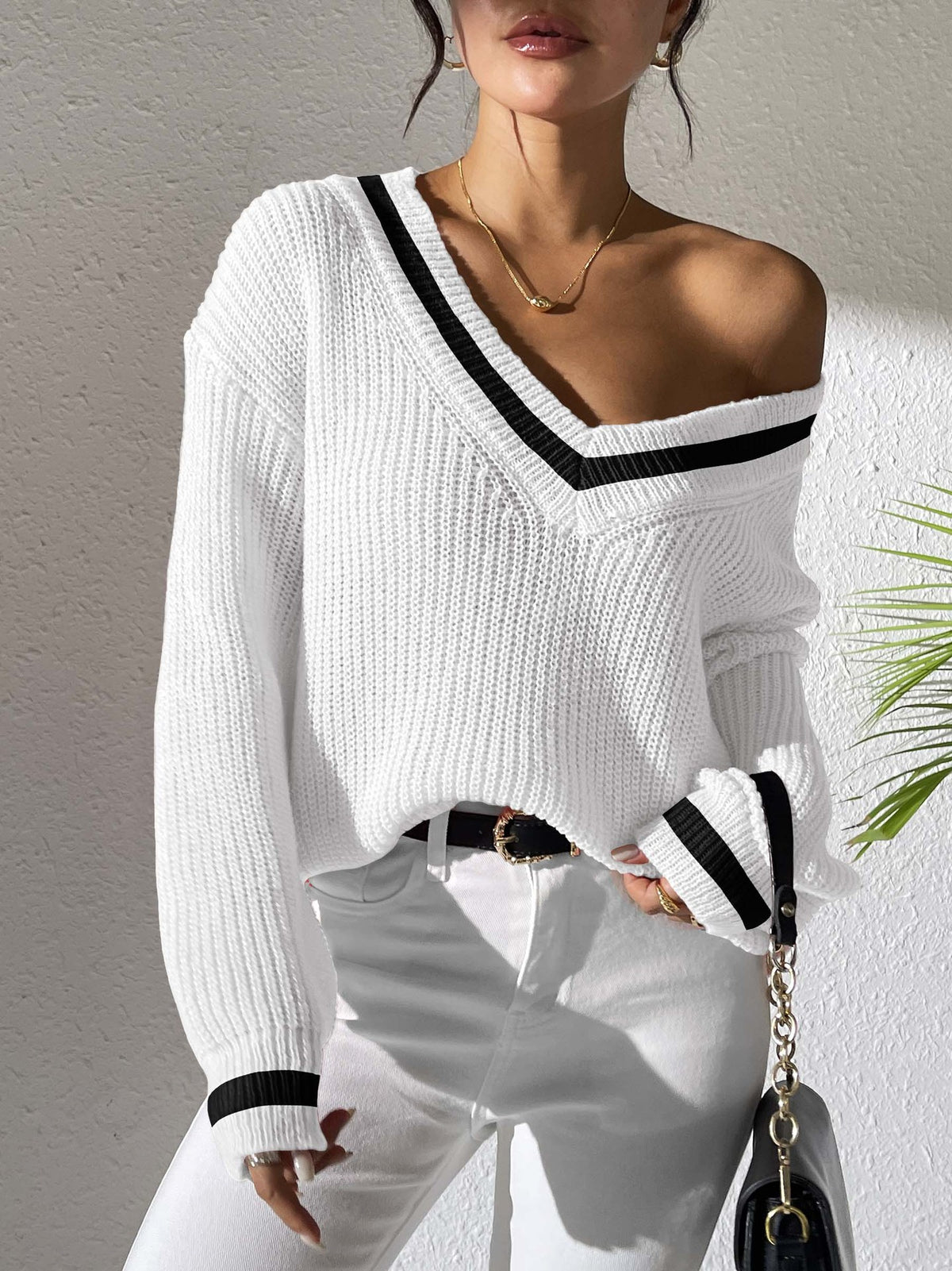 Varsity Tipped Deep V Neck Rib Sweater - White