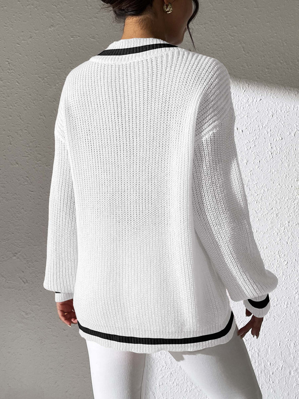 Varsity Tipped Deep V Neck Rib Sweater - White - 3
