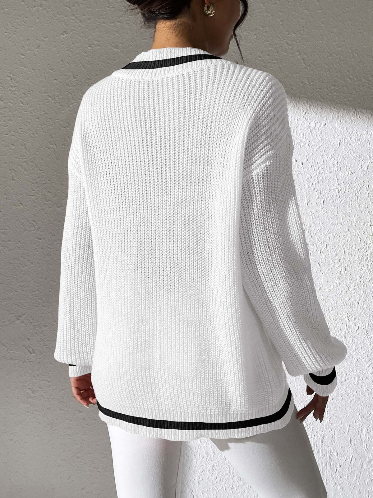 Varsity Tipped Deep V Neck Rib Sweater - White - 3
