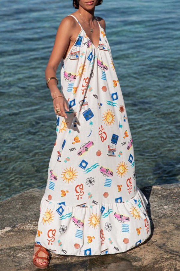 Printed V Neck Oversized Maxi Sundress - Decor