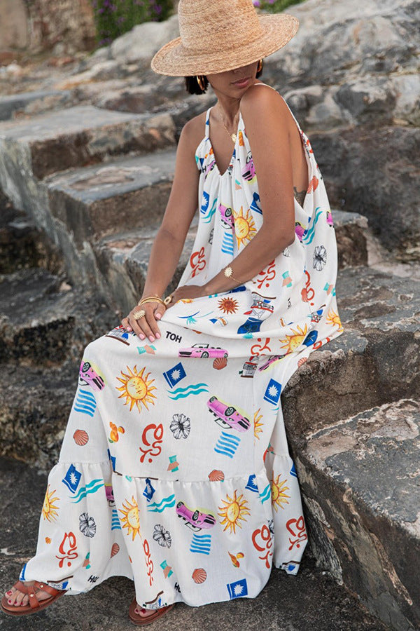 Printed V Neck Oversized Maxi Sundress - Decor - 1