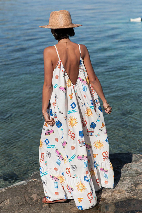 Printed V Neck Oversized Maxi Sundress - Decor - 2
