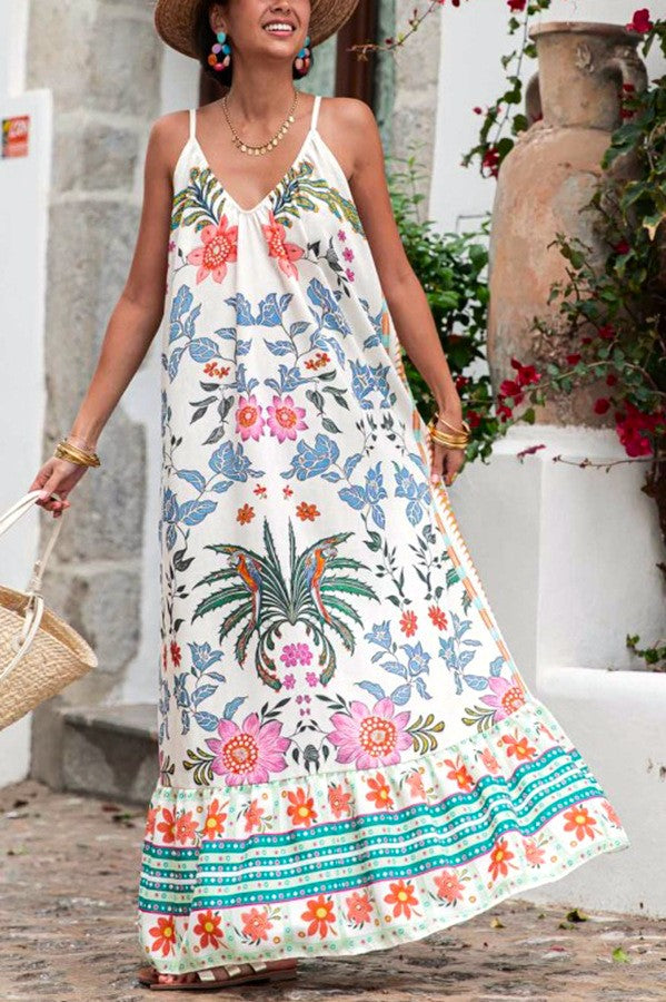 Printed V Neck Oversized Maxi Sundress - Plants