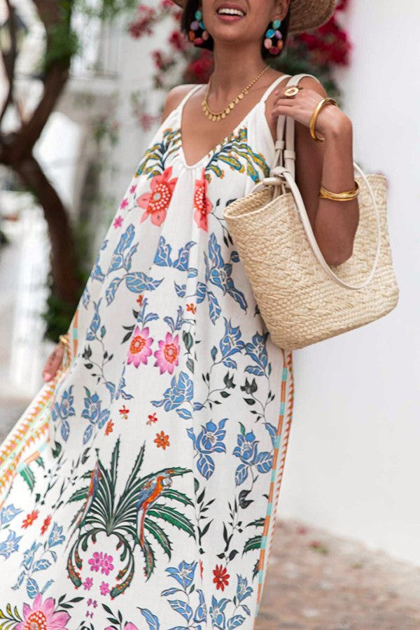 Printed V Neck Oversized Maxi Sundress - Plants - 1