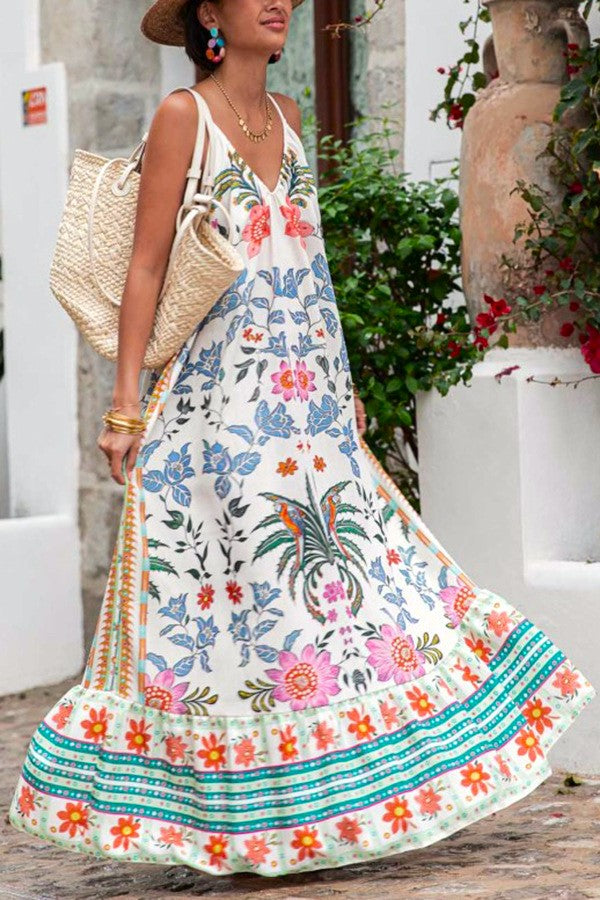 Printed V Neck Oversized Maxi Sundress - Plants - 3