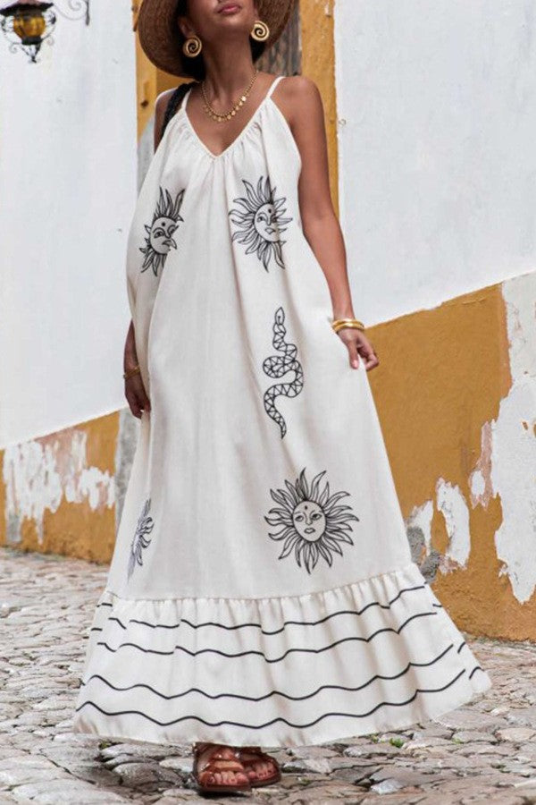 Printed V Neck Oversized Maxi Sundress - Sun
