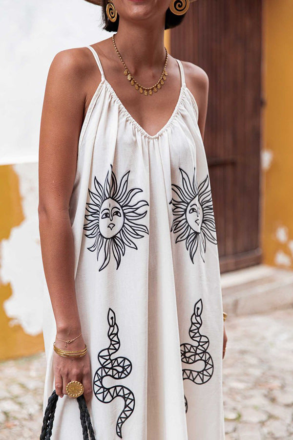 Printed V Neck Oversized Maxi Sundress - Sun - 2