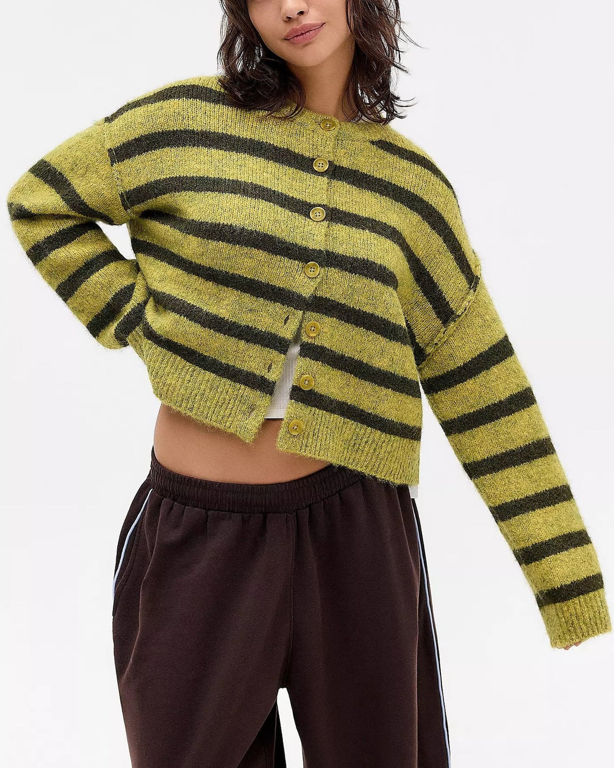 Fuzzy Stripe Button Front Cropped Cardigan - Green
