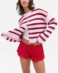 Fuzzy Stripe Button Front Cropped Cardigan - Pink