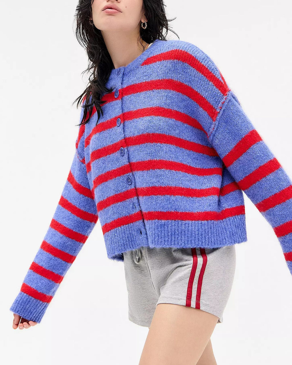 Fuzzy Stripe Button Front Cropped Cardigan - Red