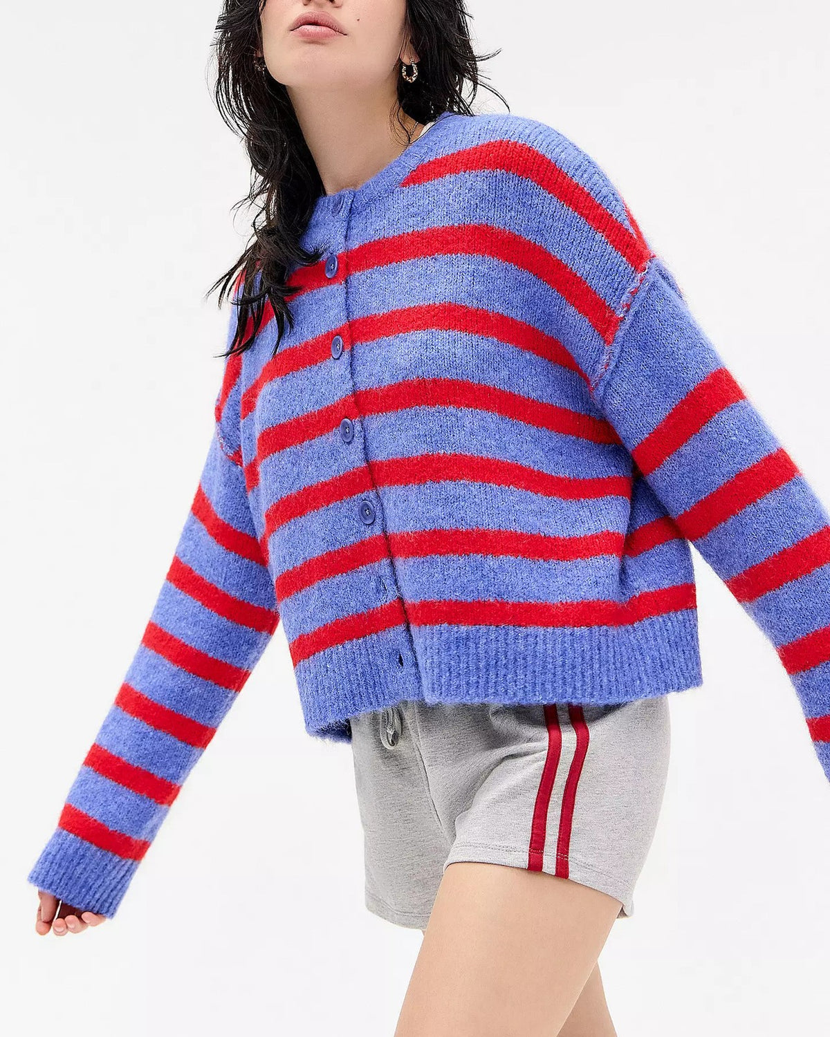 Fuzzy Stripe Button Front Cropped Cardigan - Red