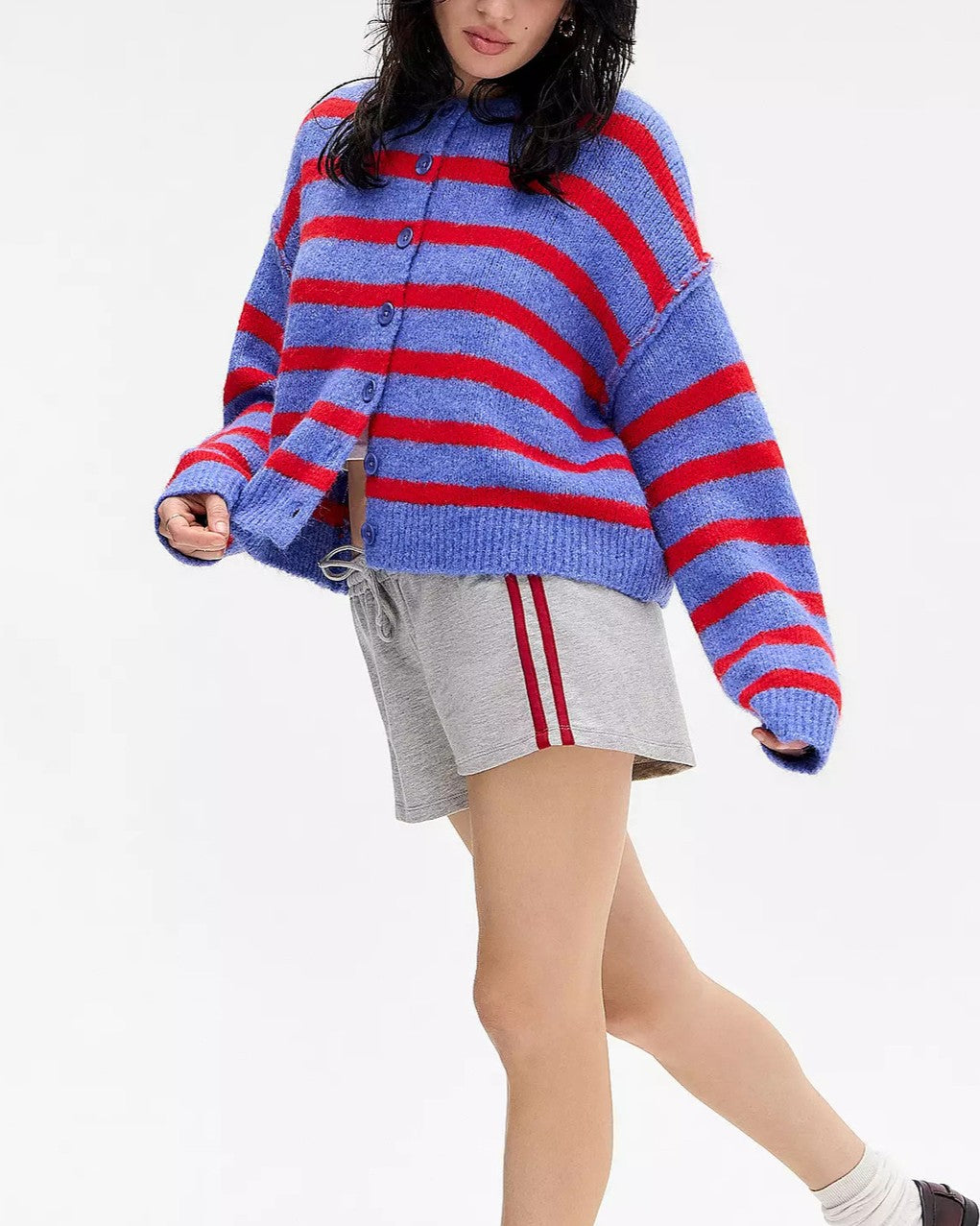 Fuzzy Stripe Button Front Cropped Cardigan - Red - 1